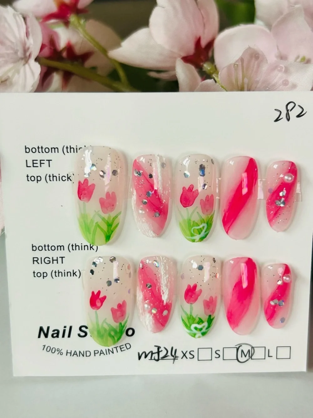 Medium Hand-Painted Pink Tulip Press-On Nails